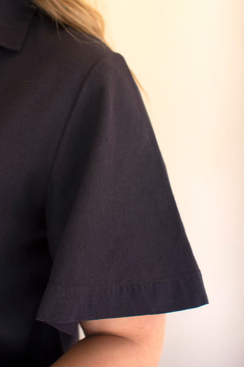 Midnight Short-Sleeve Button-Front Blouse with Collar
