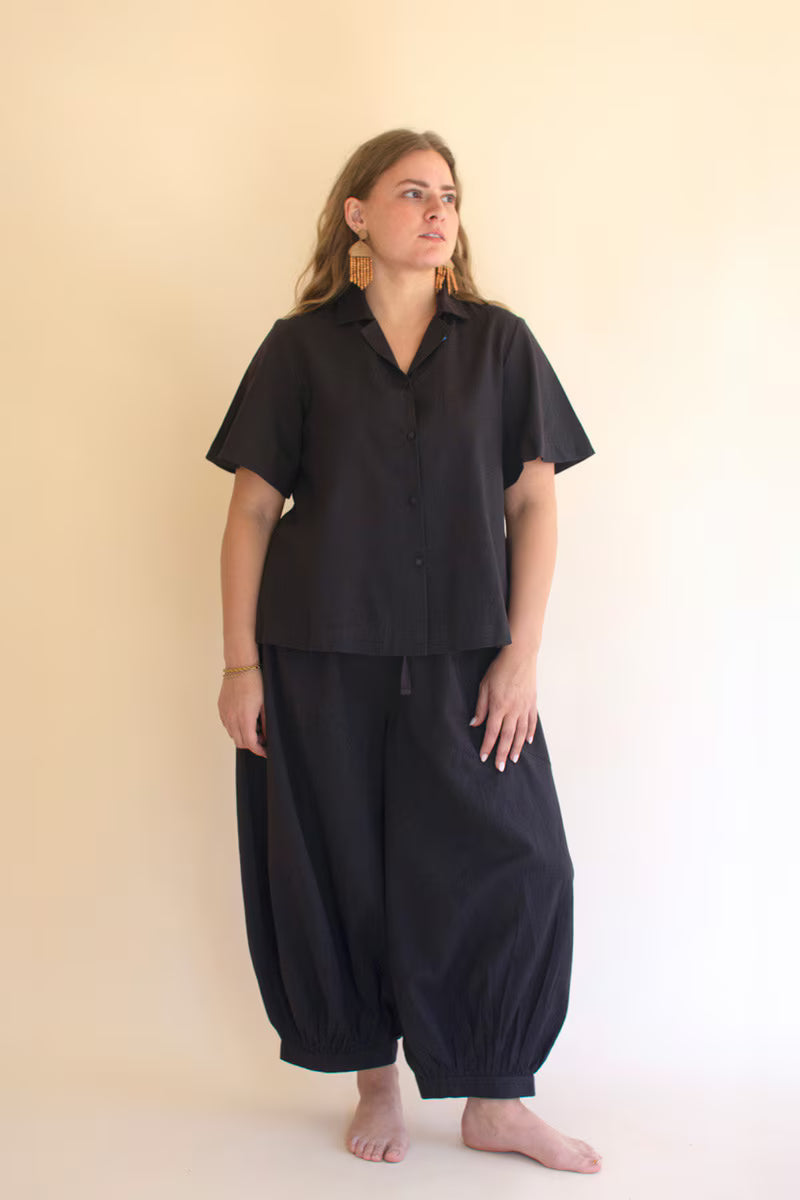 Midnight Short-Sleeve Button-Front Blouse with Collar