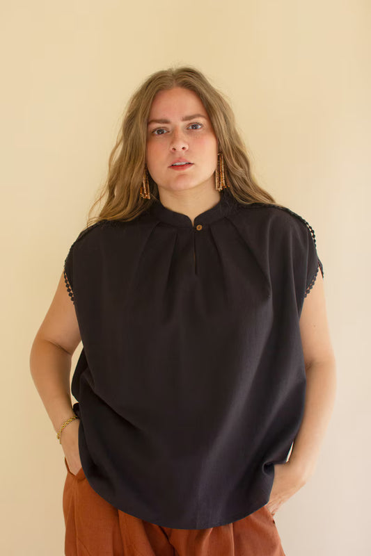 Midnight High-Neck Shortsleeve Blouse with Flat Pom-Pom Lace Detail