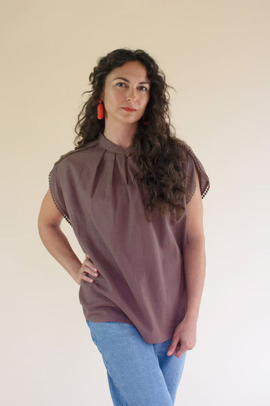 Mulberry High-Neck Shortsleeve Blouse with Flat Pom-Pom Lace Detail