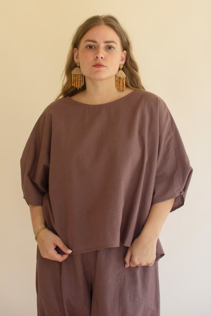 Mulberry Short-Sleeve Blouse with Button Detail on Sleeves