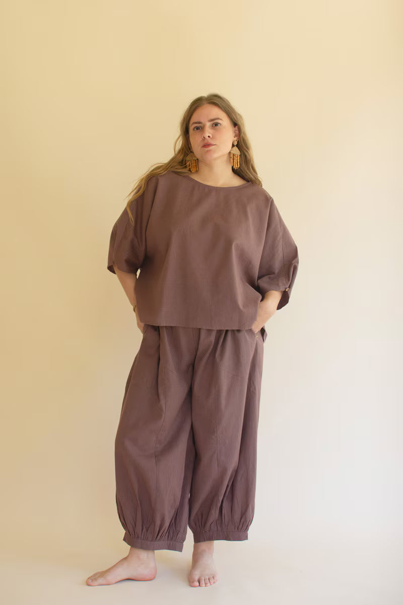 Mulberry Short-Sleeve Blouse with Button Detail on Sleeves
