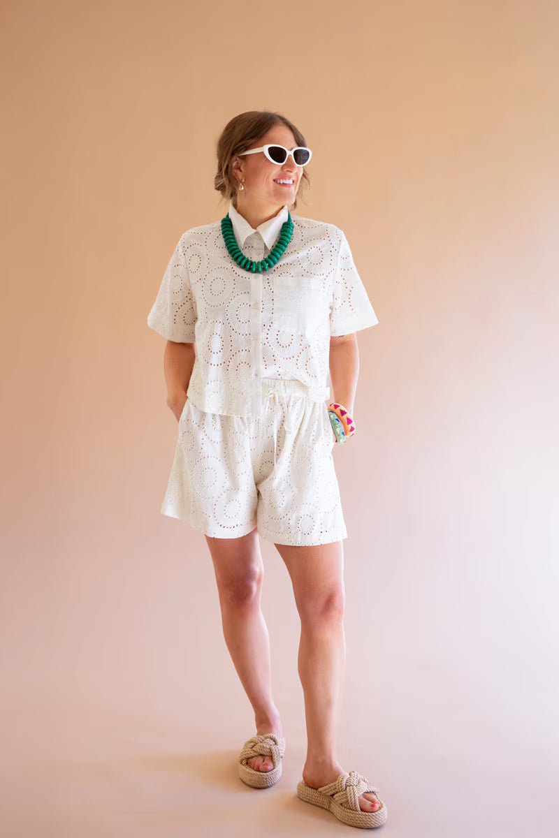 Eyelet Button Down Short Sleeve Shirt
