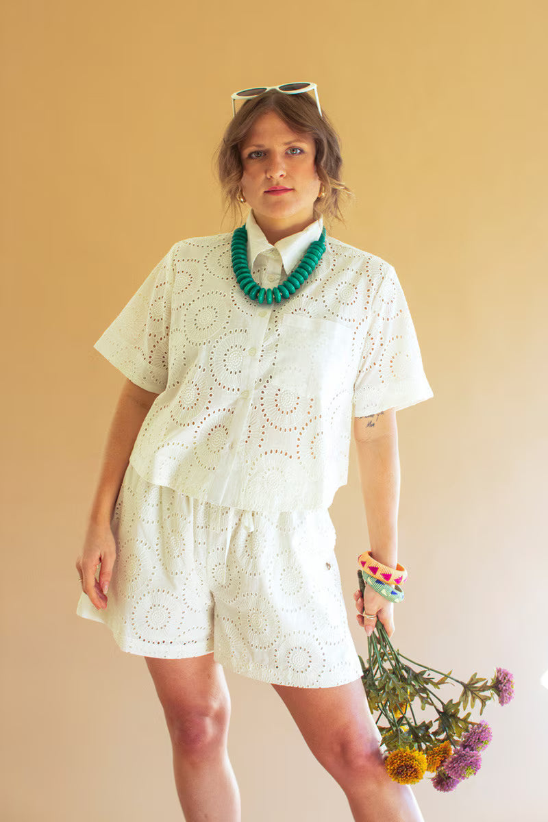 Eyelet Button Down Short Sleeve Shirt