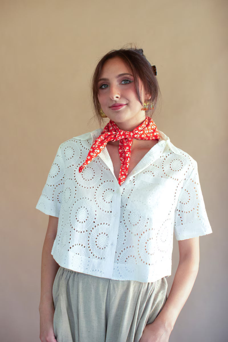 Eyelet Button Down Short Sleeve Shirt