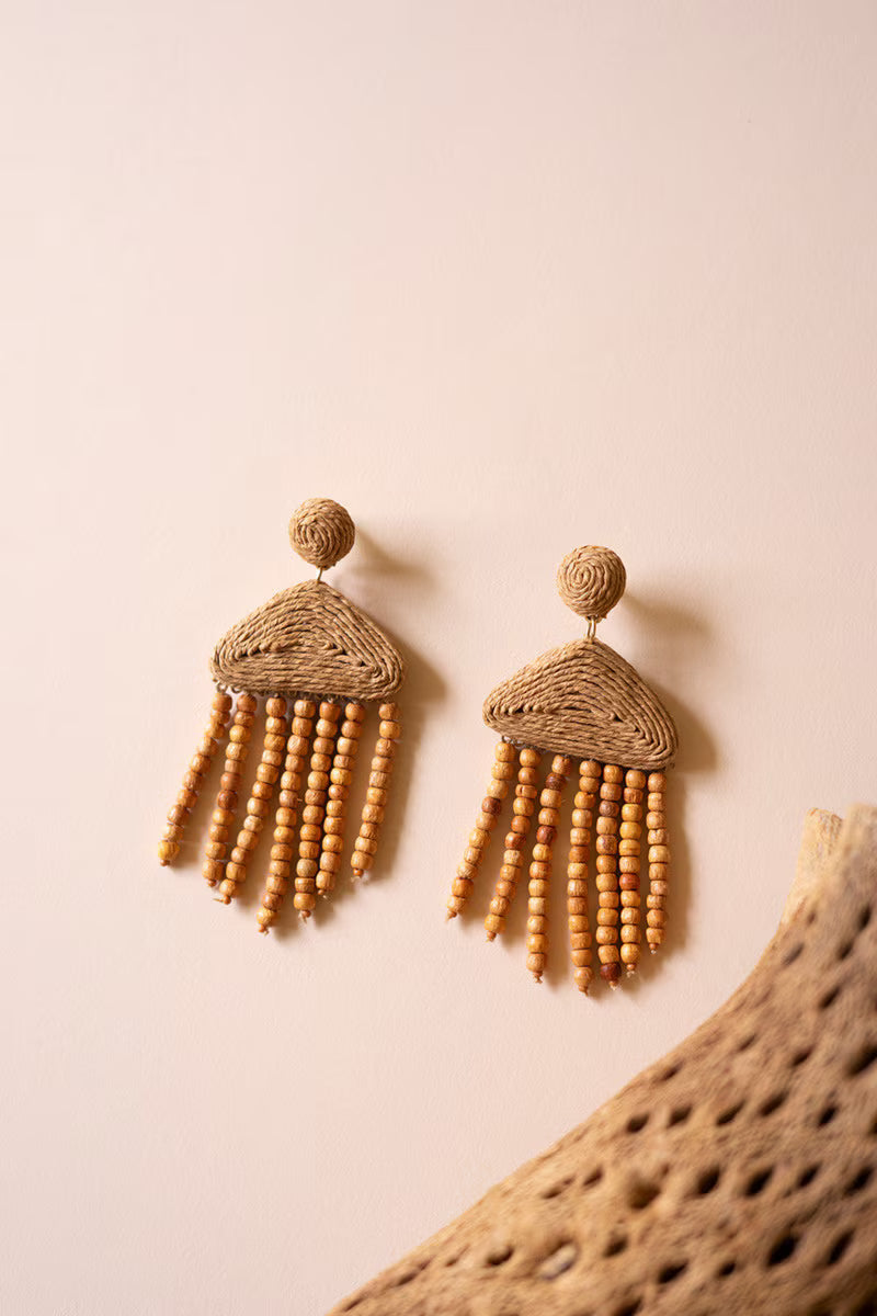 Raffia and Mango Wood Beaded Earrings