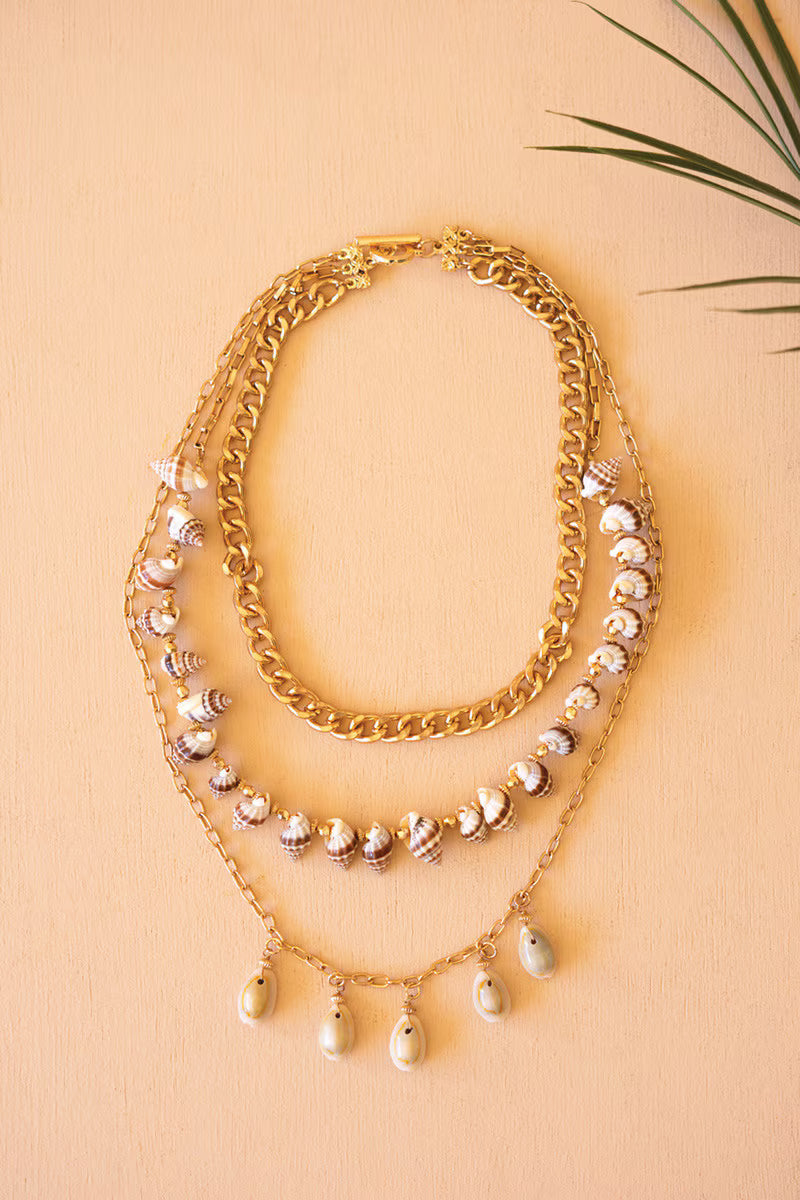 Gold-Tone Chain and Shell Bead Triple Swag Necklace