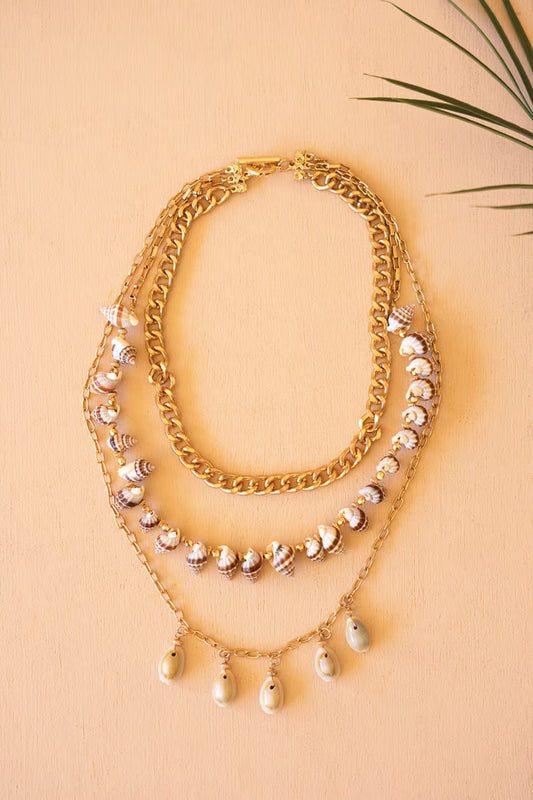 Gold-Tone Chain and Shell Bead Triple Swag Necklace