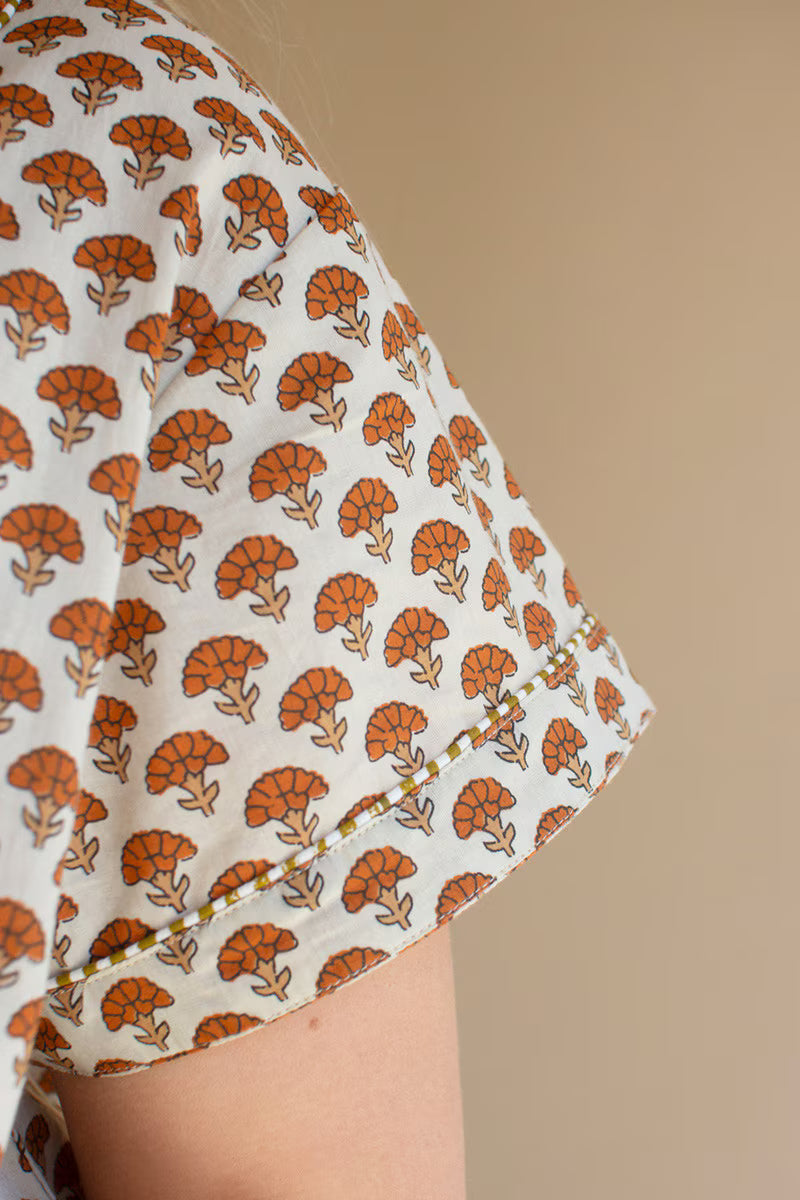 Brown Short-Sleeve Printed Button-Front Dress with Trim