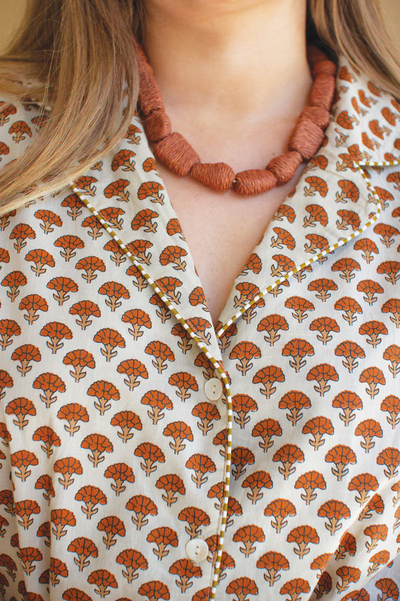 Brown Short-Sleeve Printed Button-Front Dress with Trim