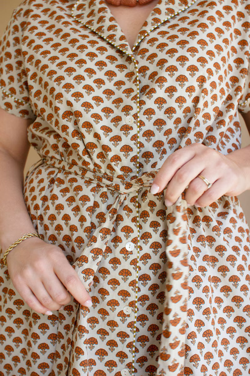 Brown Short-Sleeve Printed Button-Front Dress with Trim