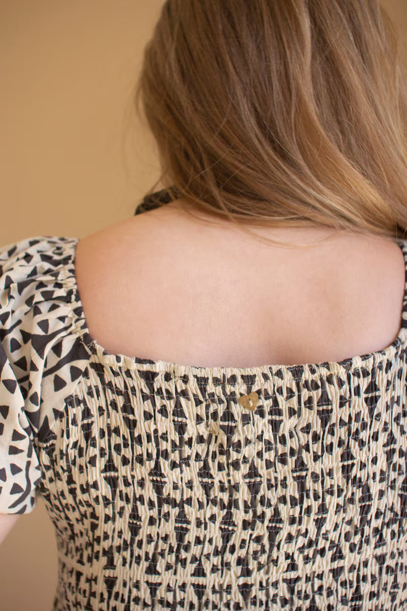 Short-Sleeve Printed Dress with Smocked Bodice