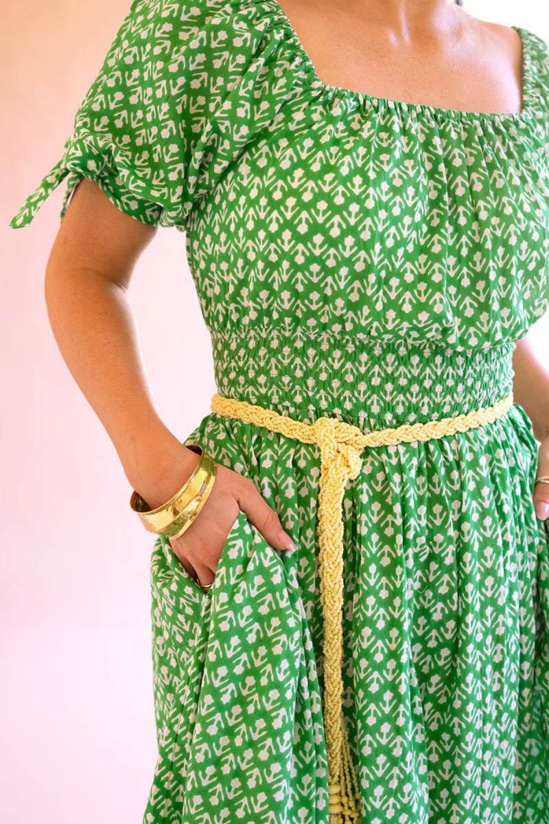 Printed Off-Shoulder Smocked Waist Dress
