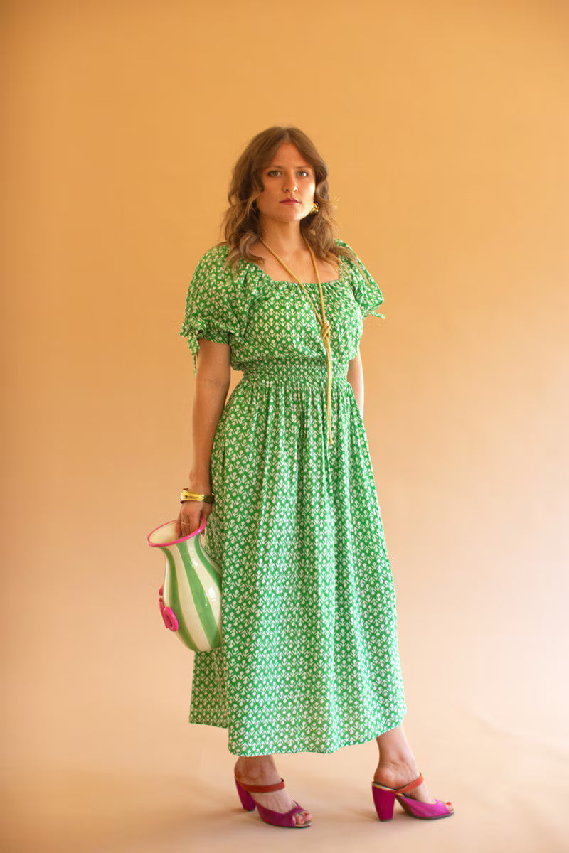 Printed Off-Shoulder Smocked Waist Dress