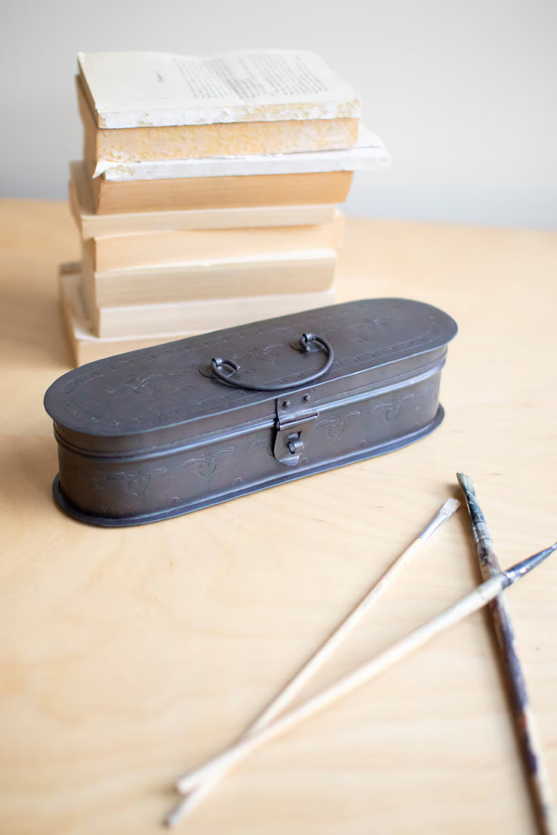 Hand-Etched Oval Iron Box with Hinged Lid
