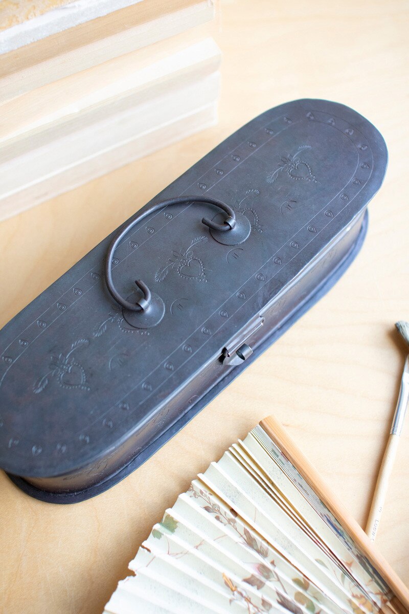 Hand-Etched Oval Iron Box with Hinged Lid