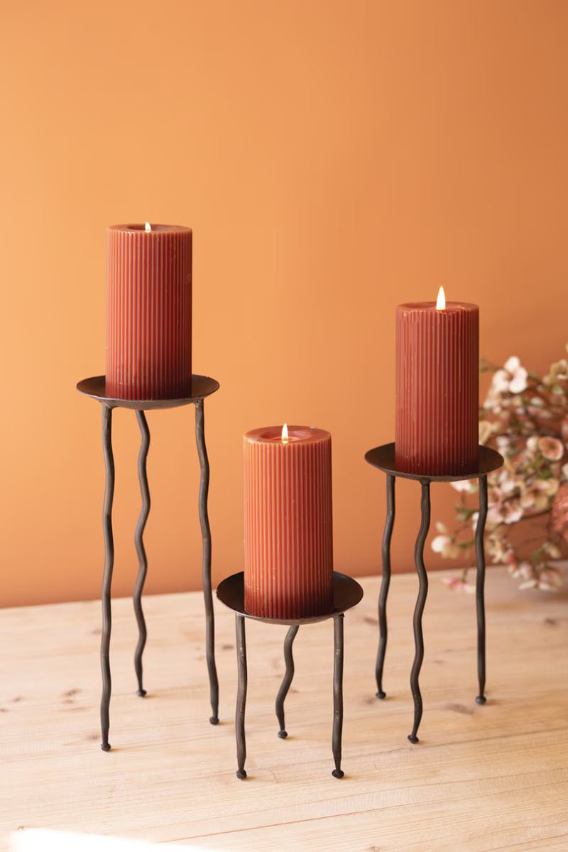 Set of 3 Forged-Iron Rustic Metal Candle Stands with Wavy Legs