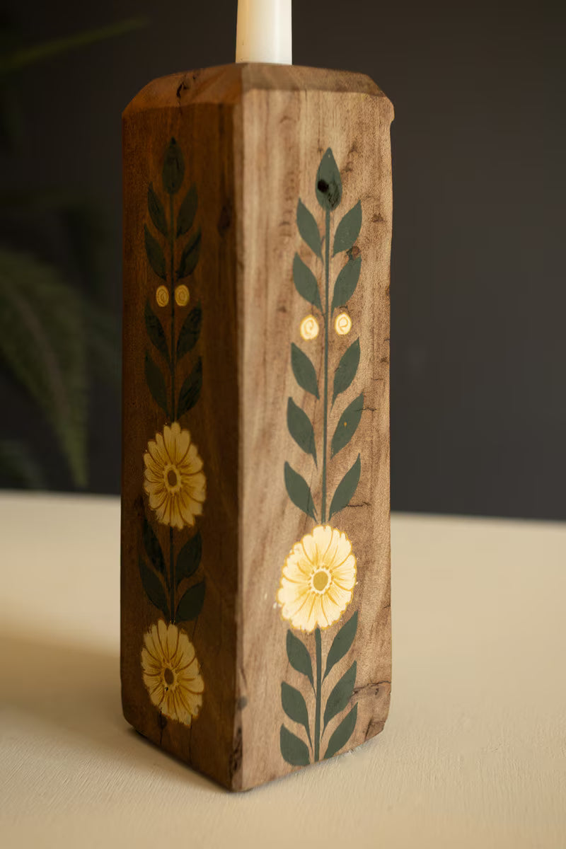 Set of 2 Hand-Painted Recycled Wood Taper Candle Holders