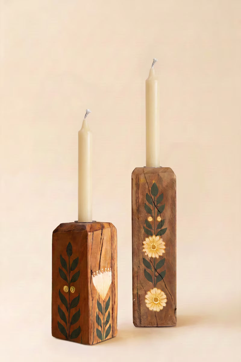 Set of 2 Hand-Painted Recycled Wood Taper Candle Holders