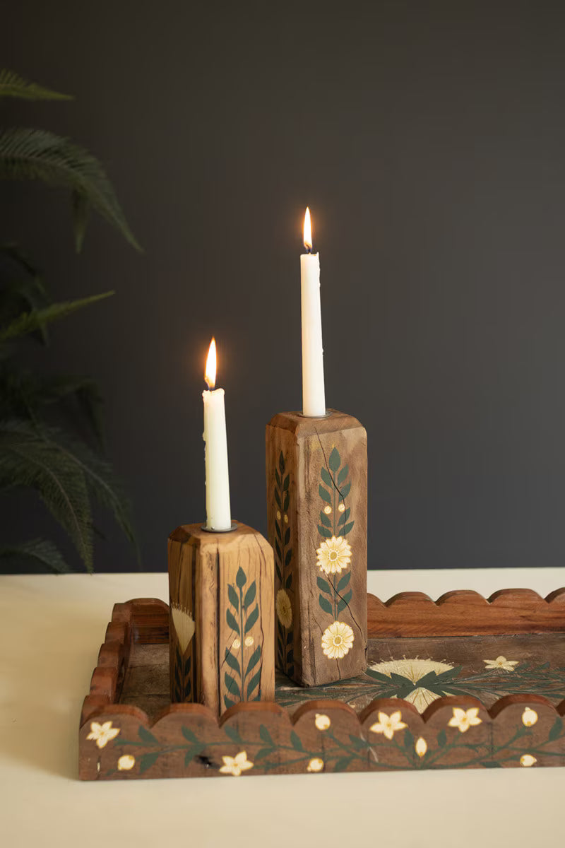 Set of 2 Hand-Painted Recycled Wood Taper Candle Holders