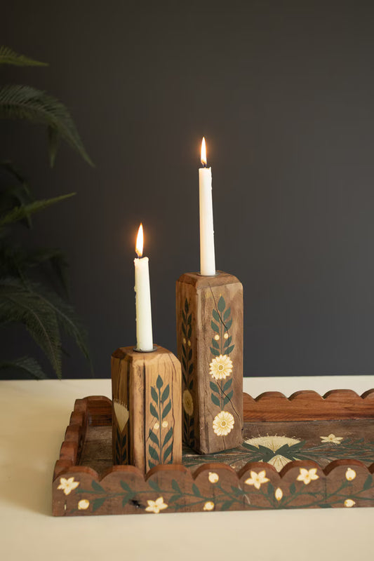 Set of 2 Hand-Painted Recycled Wood Taper Candle Holders