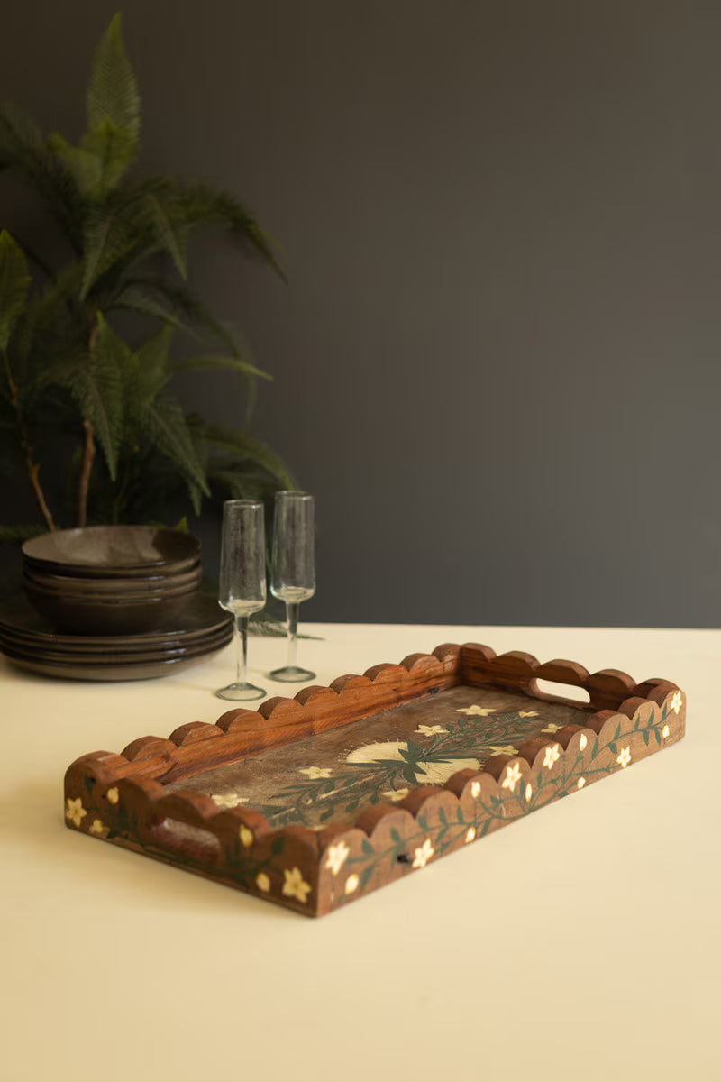 Recycled Wood Tray with Hand-Painted Detail