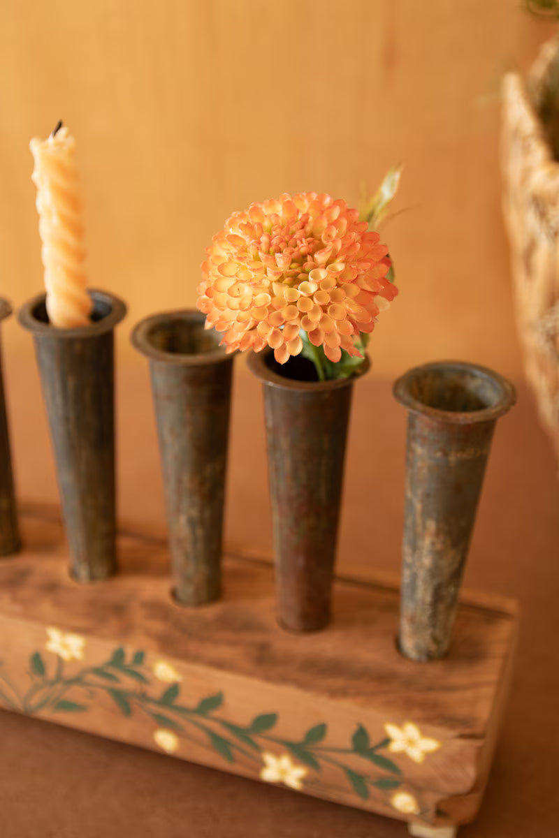 Eight Metal Bud Vases with Hand-Painted Wooden Base
