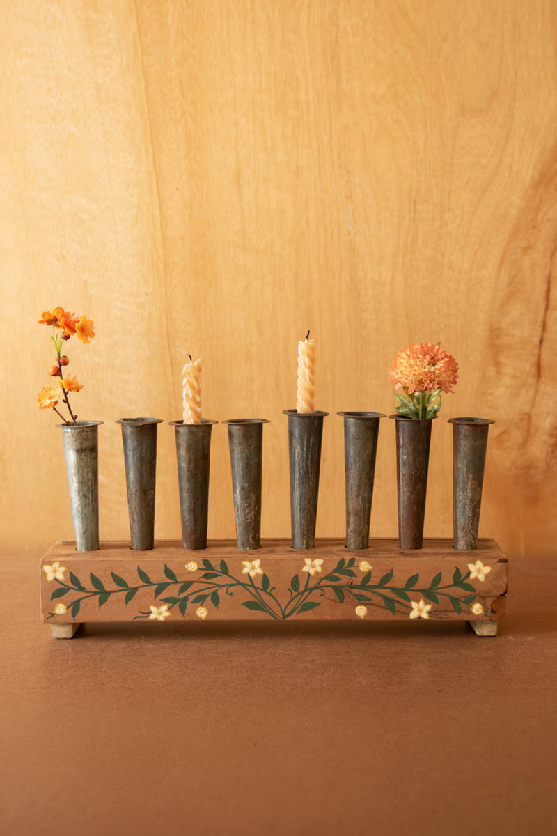 Eight Metal Bud Vases with Hand-Painted Wooden Base