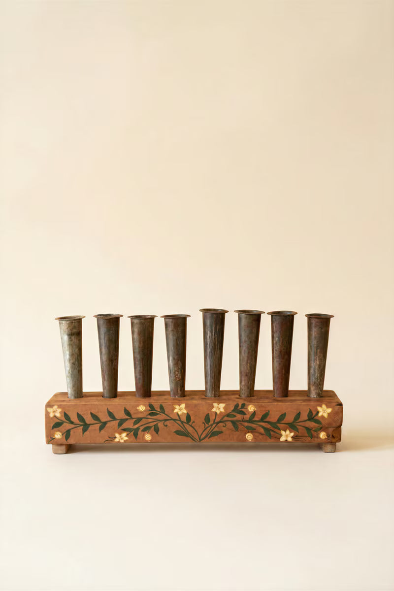 Eight Metal Bud Vases with Hand-Painted Wooden Base