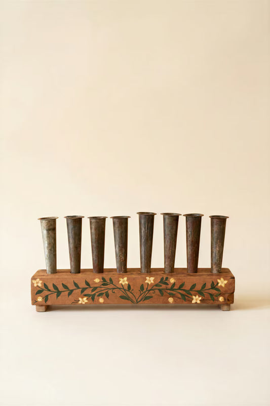 Eight Metal Bud Vases with Hand-Painted Wooden Base
