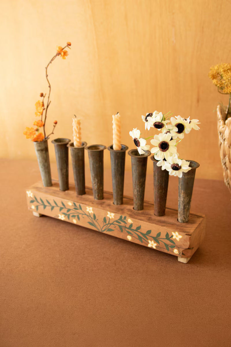 Eight Metal Bud Vases with Hand-Painted Wooden Base