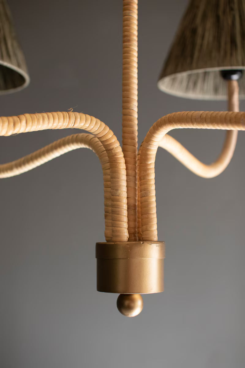 Rattan-Wrapped Chandelier with Raffia Shades