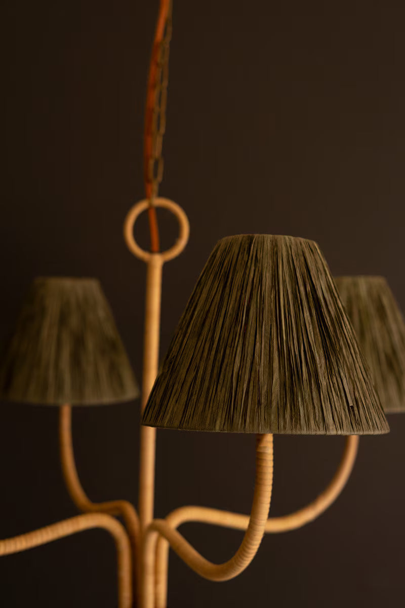 Rattan-Wrapped Chandelier with Raffia Shades