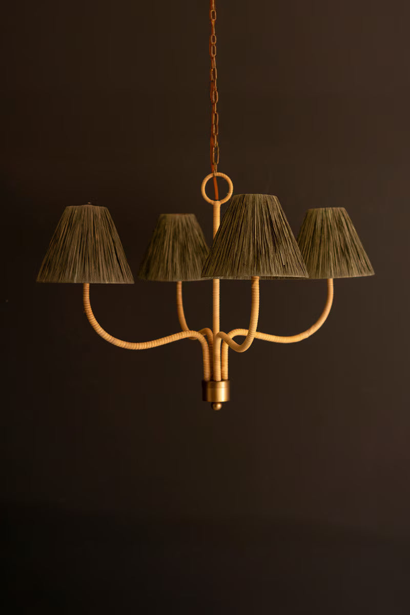 Rattan-Wrapped Chandelier with Raffia Shades
