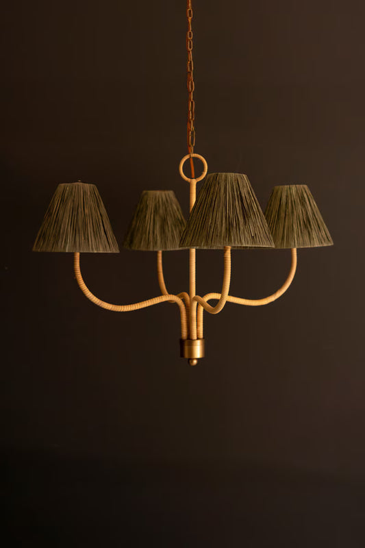 Rattan-Wrapped Chandelier with Raffia Shades