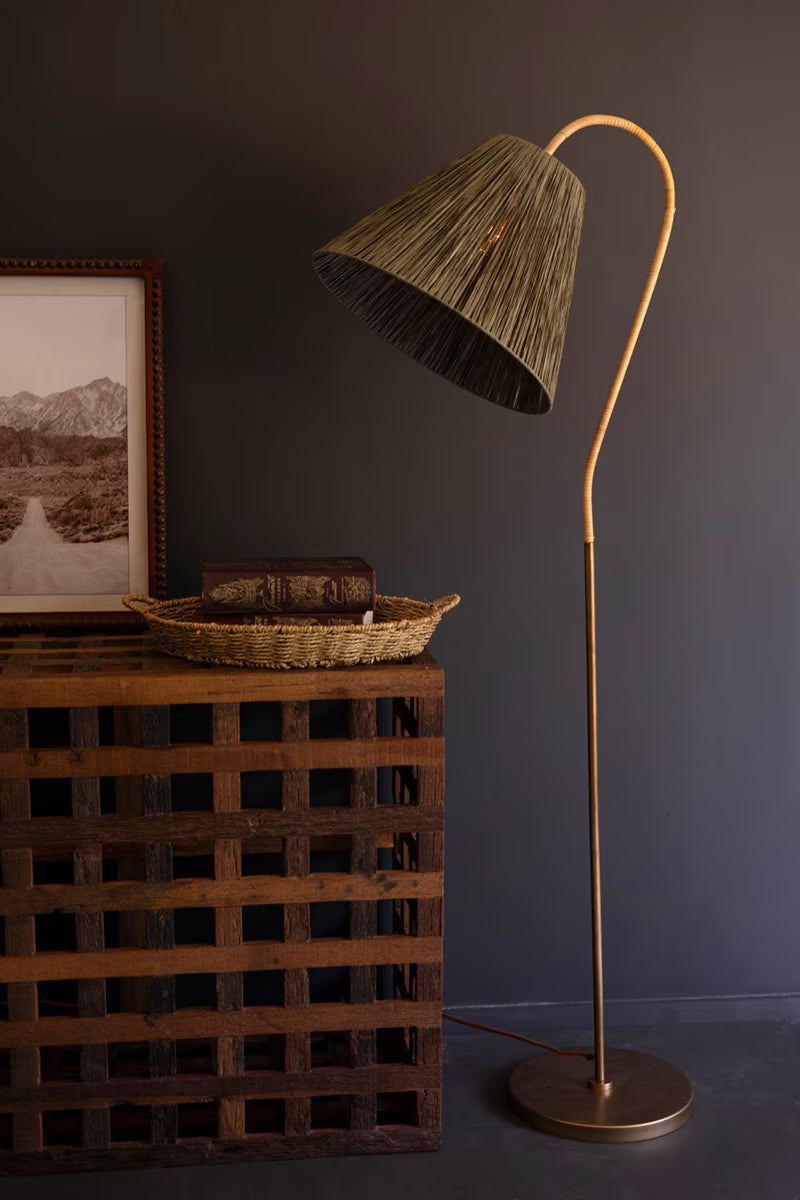 Rattan-Wrapped Floor Lamp with Raffia Shade