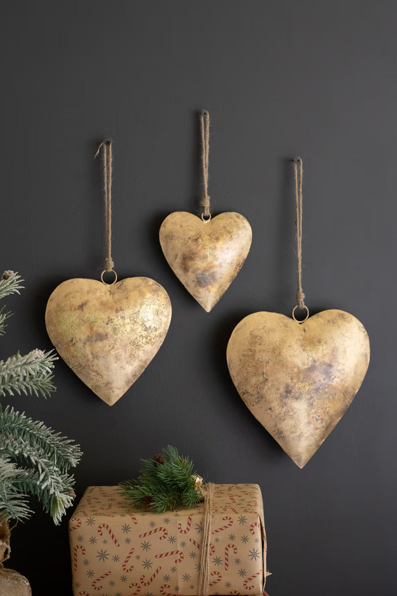 Set of 3 Antique Gold Christmas Heart Door Hangers