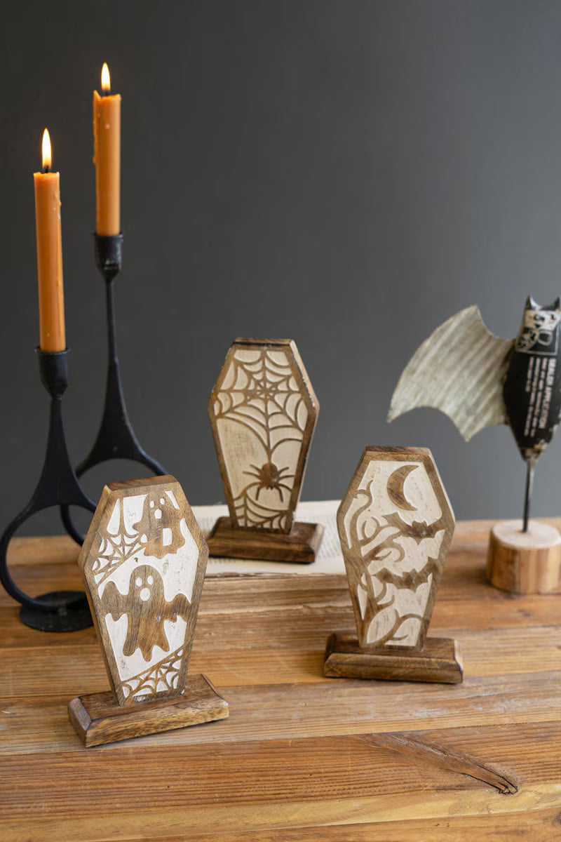 Set of 3 Carved Wooden Halloween Coffin Scenes