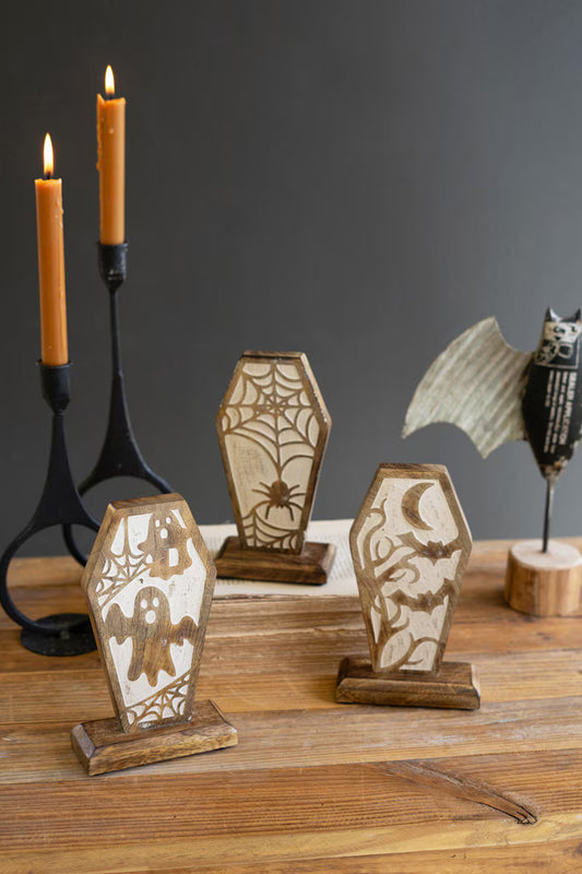 Set of 3 Carved Wooden Halloween Coffin Scenes