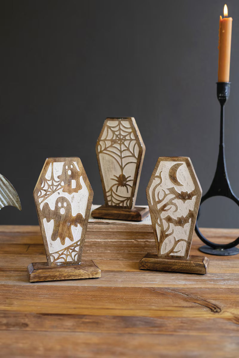 Set of 3 Carved Wooden Halloween Coffin Scenes