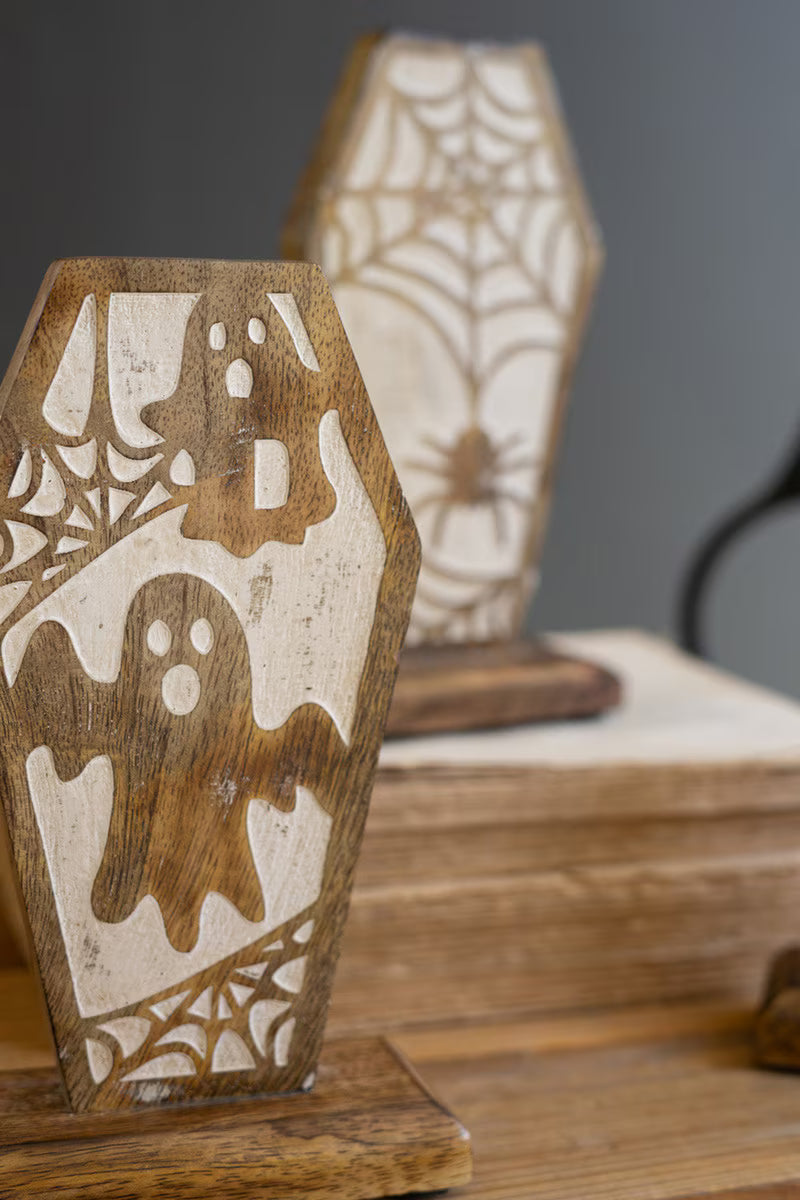 Set of 3 Carved Wooden Halloween Coffin Scenes
