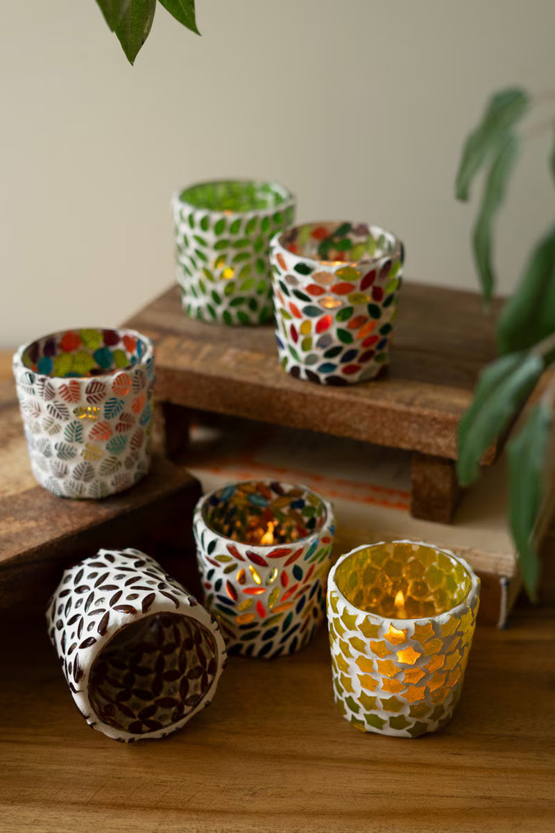 Set of 6 Mosaic Glass Votive Holders