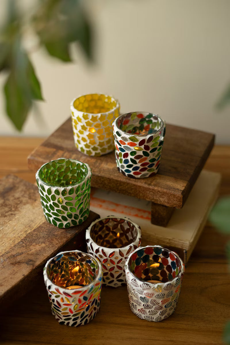 Set of 6 Mosaic Glass Votive Holders