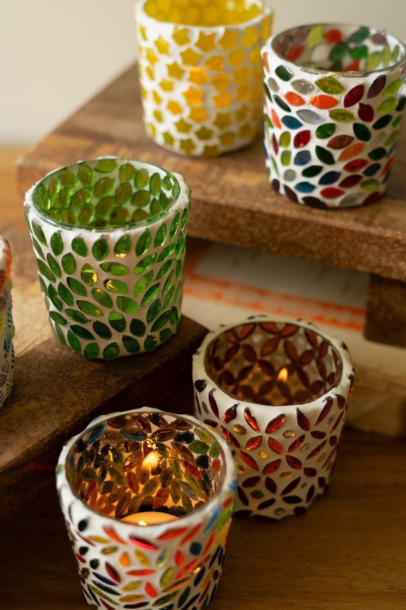 Set of 6 Mosaic Glass Votive Holders