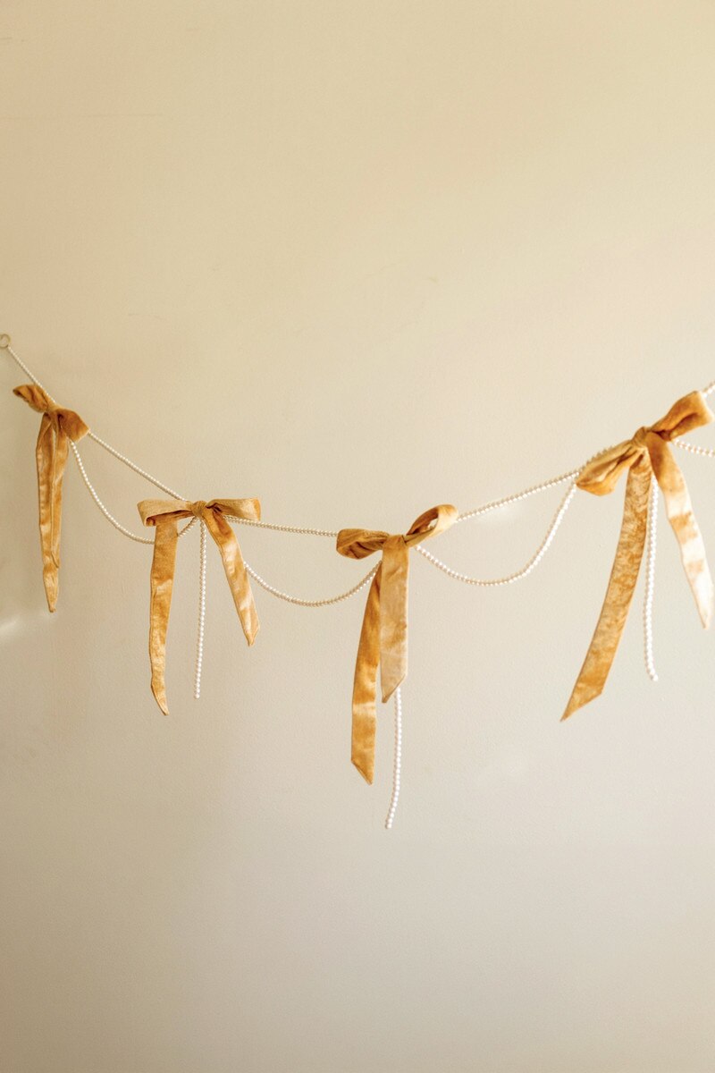 Gold Velvet Bow Garland with Faux Pearl Swag