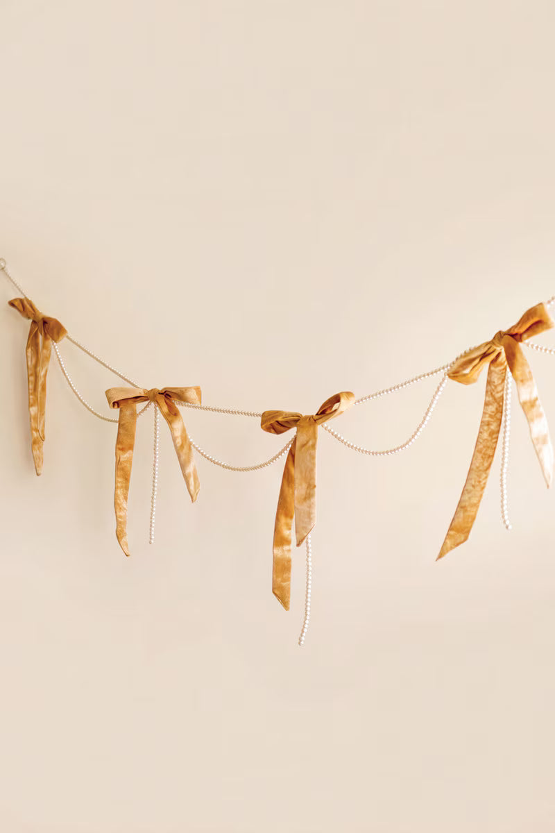 Gold Velvet Bow Garland with Faux Pearl Swag