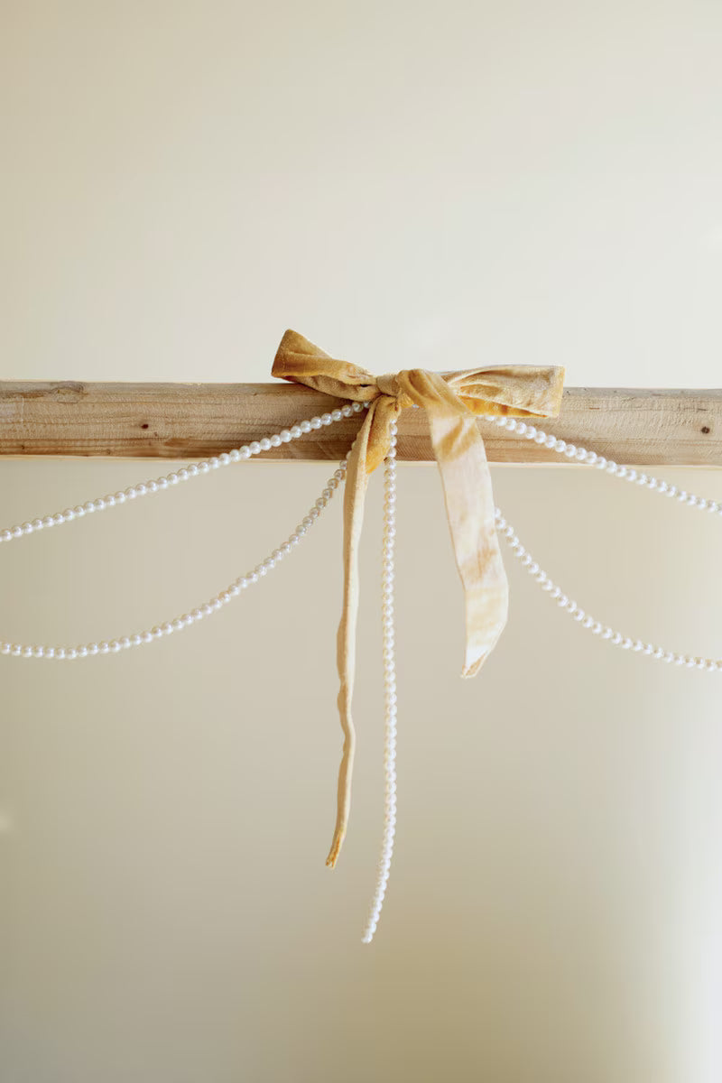 Gold Velvet Bow Garland with Faux Pearl Swag
