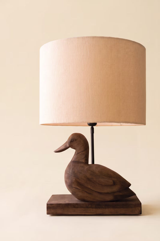 Hand-Carved Mango Wood Duck Table Lamp Base with Fabric Shade
