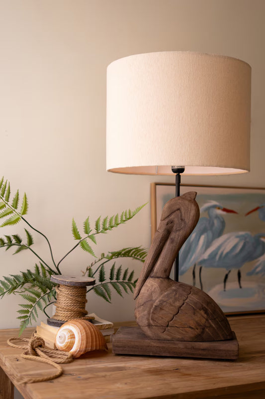 Carved Mango Wood Pelican Table Lamp Base with Fabric Shade