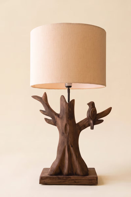 Hand-Carved Mango Wood Tree with Bird Lamp Base with Fabric Shade